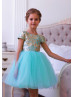 Cap Sleeves Tiffany Blue Jacquard Tulle V Back Flower Girl Dress